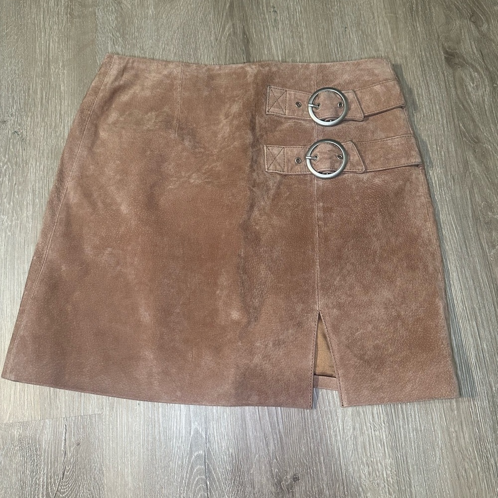 BLANKNYC Suede Leather Buckle Mini Skirt Tan Moto Y2K Western Size 26